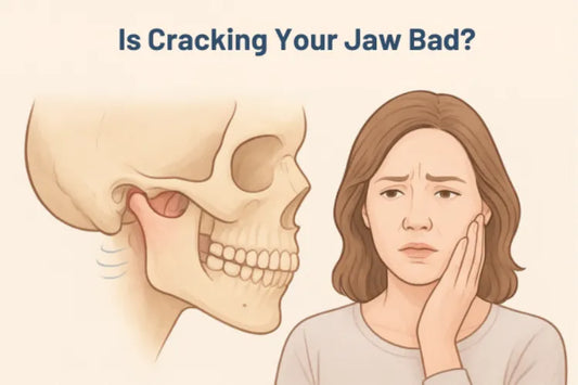 Human jaw illustration showing TMJ motion and popping, with a person holding their jaw.