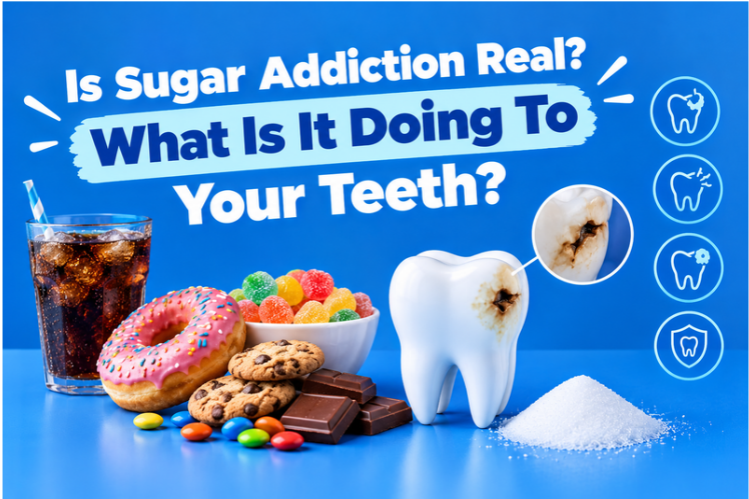 Decayed tooth model beside soda, donuts, candy, and sugar