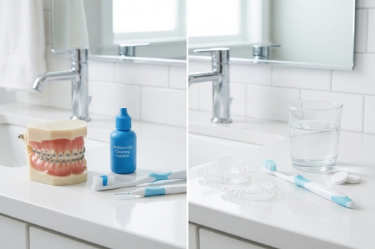 Aligner cleaning products and a dental model on a bathroom counter