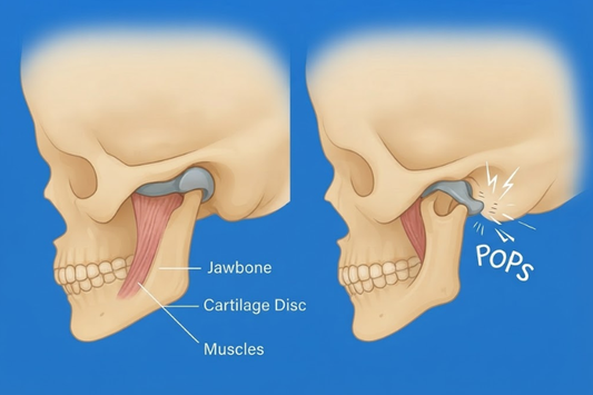 Illustrated skulls comparing a normal jaw joint with a popping jaw