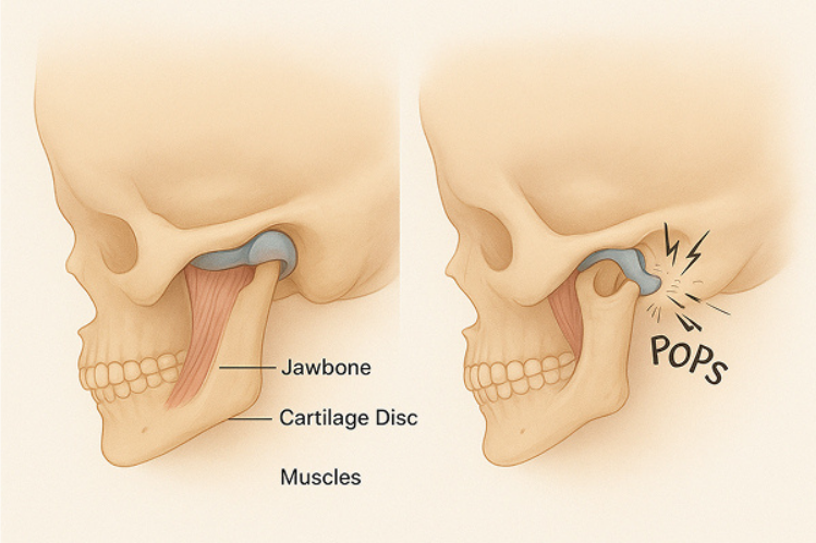 Illustration showing jaw popping due to temporomandibular joint