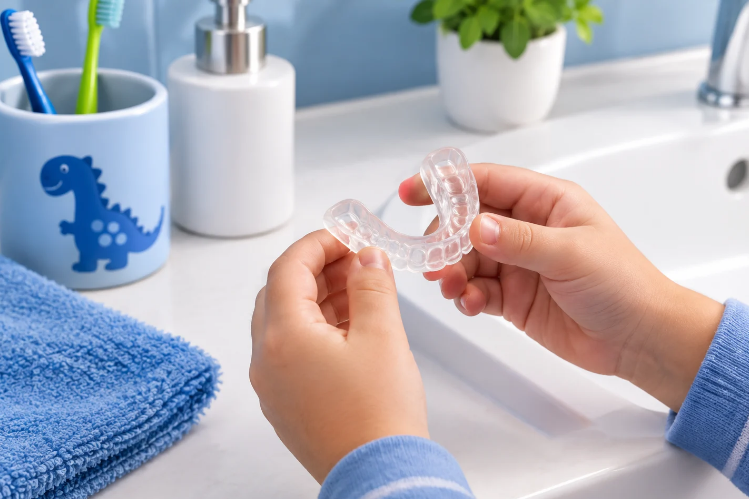 Child rinsing a clear night guard at a bathroom sink