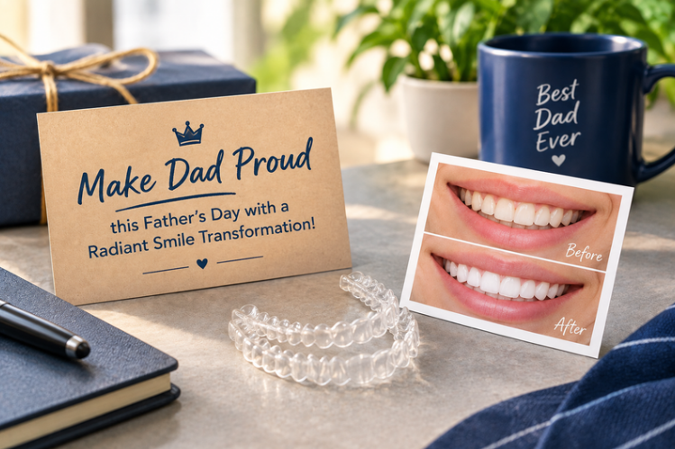 Clear aligners beside a Father's Day card and a Best Dad Ever mug