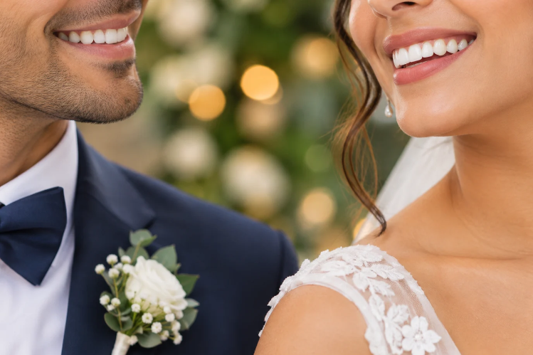 Smiling bride and groom sharing a confident moment at their wedding