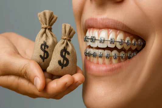 An image of braces on teeth and two money bags representing how expensive braces can be.