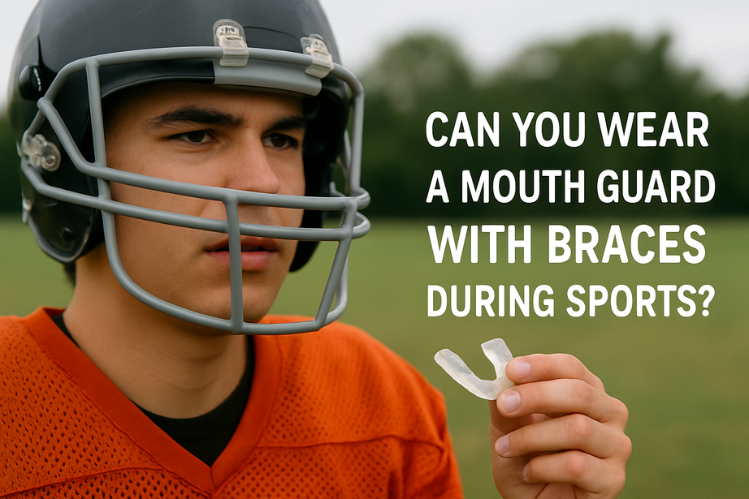 A boy with a sports helmet holding a mouth guard in his hand.