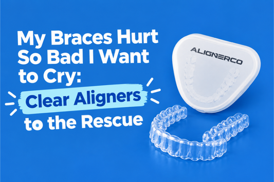 ALIGNERCO aligner case beside clear aligners on a blue background