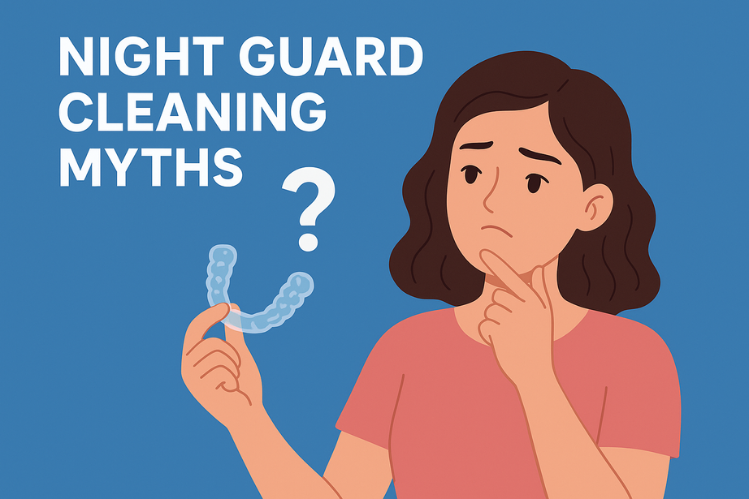A girl thinking of myths about night guard cleaning