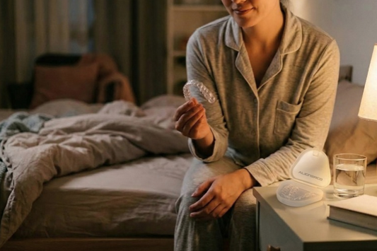 Woman sitting on her bed holding a clear aligner in the morning