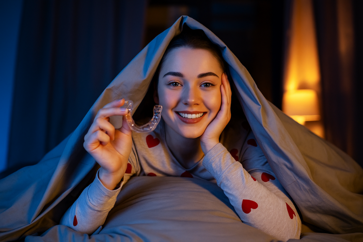 A girl holding a night guard before sleeping.