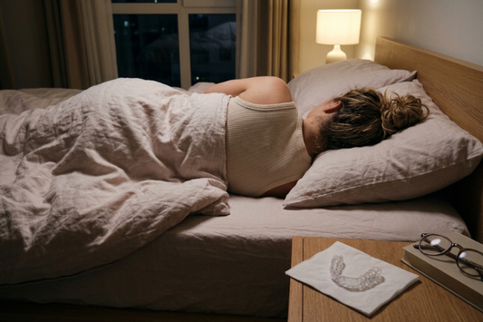 Woman sleeping in bed with a night guard on the bedside table
