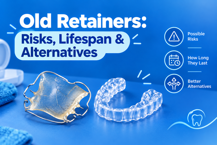 Old Hawley retainer and clear retainer with icons showing risks and lifespan