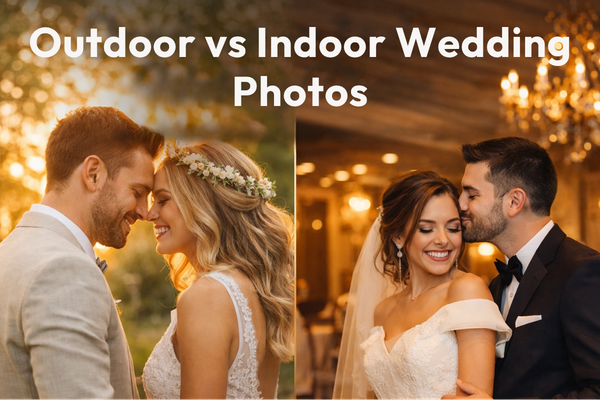 Split image of outdoor and indoor wedding photos comparing lighting and smile appearance