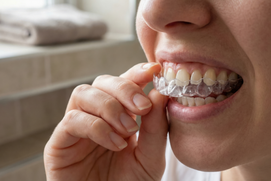 Woman placing a clear aligner on her upper teeth for overbite correction