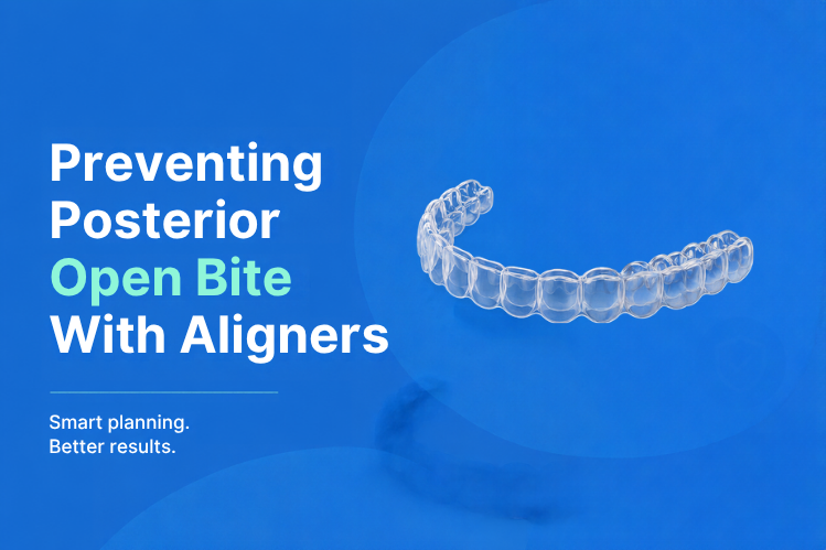 A clear aligner tray on a blue background.
