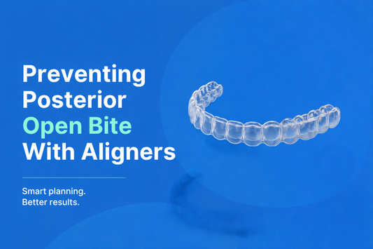 A clear aligner tray on a blue background.