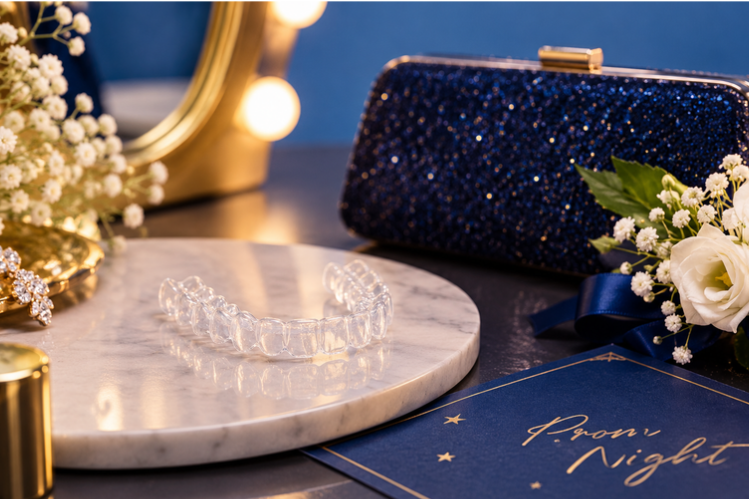 Clear aligners on a marble tray beside a prom clutch and flowers