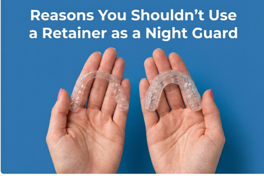 Hands holding a clear retainer with a night guard warning title