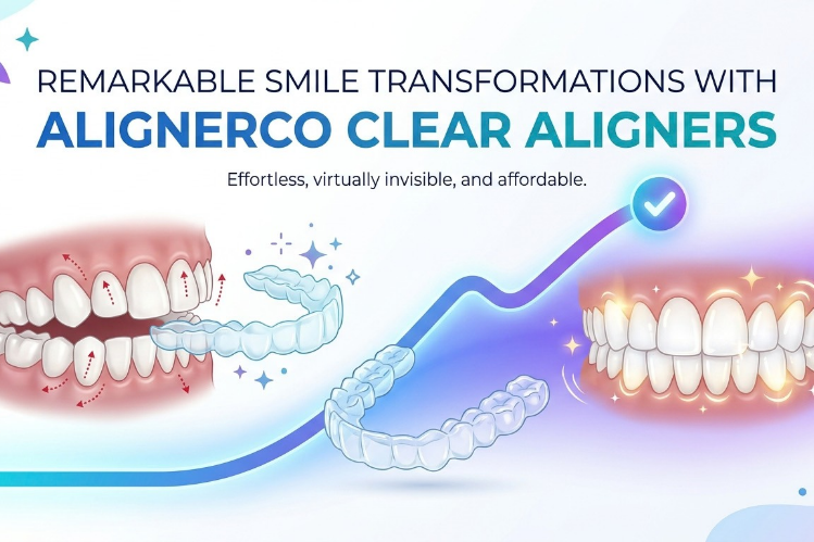 Before and after smile transformation with ALIGNERCO clear aligners