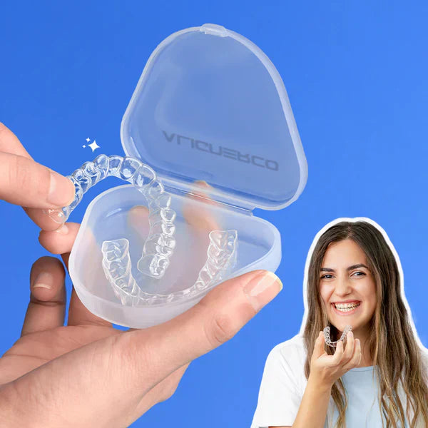 ALINGERCO Clear retainers in their case, and a girl putting on a retainer while smiling.