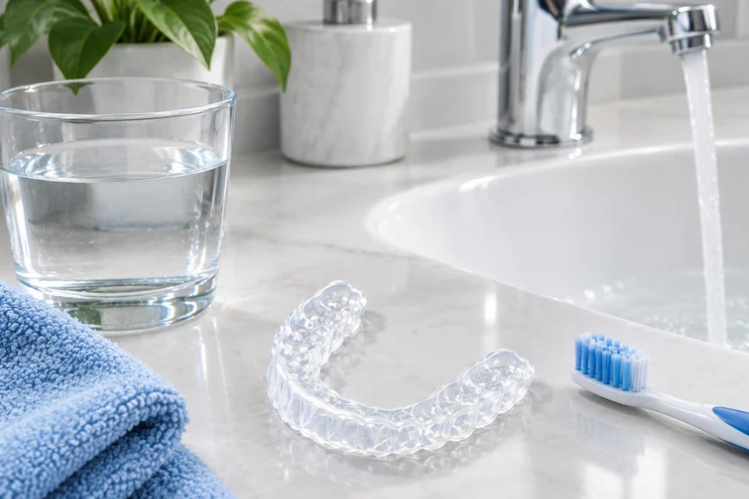 Clear night guard on a towel beside a glass of water and toothbrush