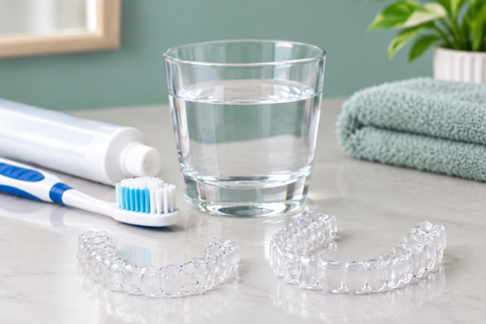Clear aligners beside a glass of water and toothbrush on a counter