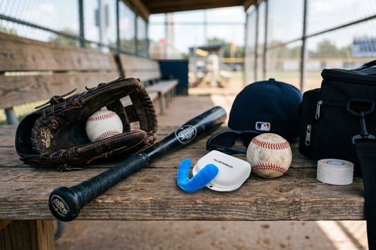 Sports mouth guards next to baseball gear on a dugout bench