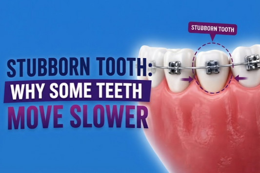 Teeth with braces showing a stubborn tooth that moves slower