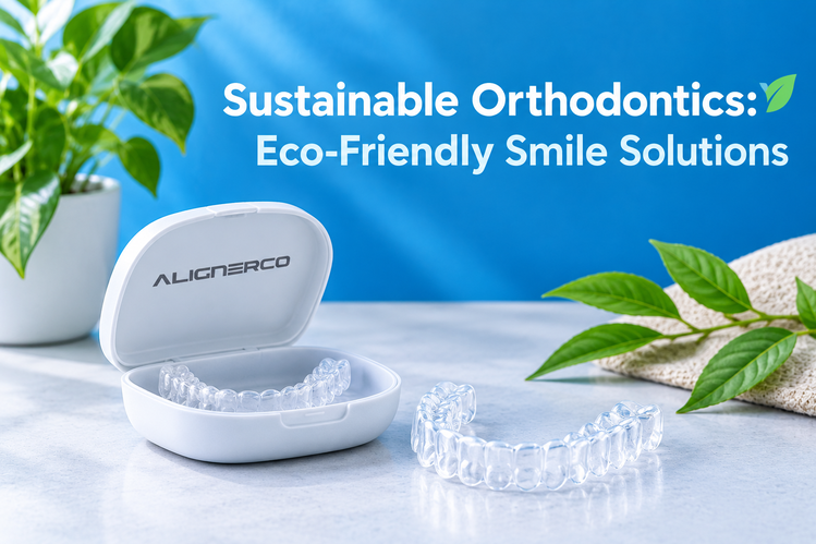 ALIGNERCO aligner case and clear aligners among green plants for eco-friendly orthodontics