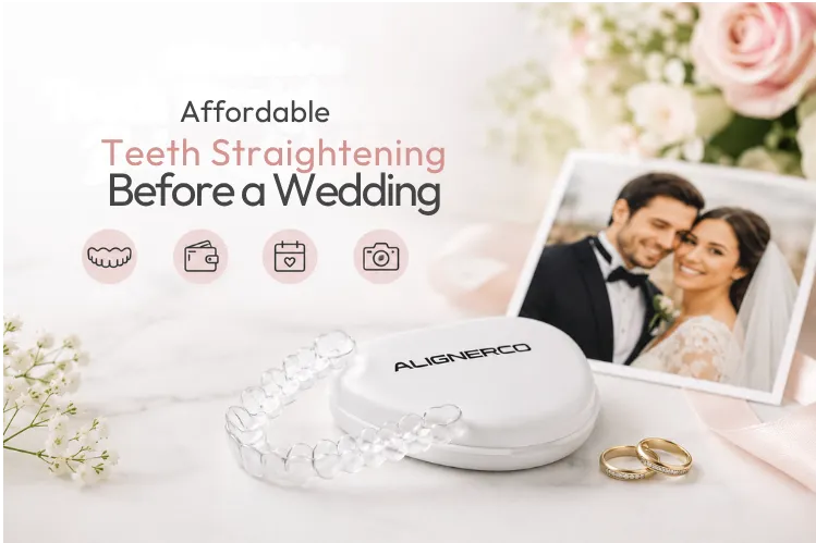 Bride and groom wedding-themed clear aligner advertisement featuring an ALIGNERCO aligner case, wedding rings, and a photo-ready smile transformation concept.