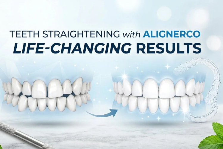 Before and after teeth straightening with ALIGNERCO clear aligners