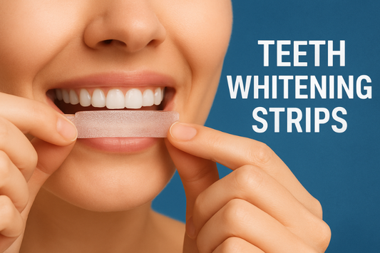 A close-up of a girl holding a Teeth Whitening Strip.