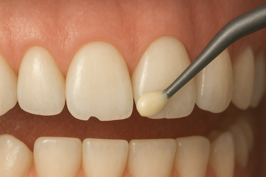 A close-up of a chipped tooth getting fixed with tooth bonding 