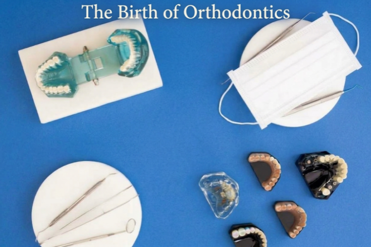 Orthodontic tools, retainers, and a face mask on a blue background