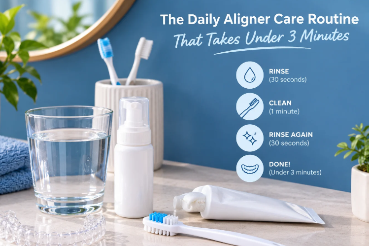 Aligner care items on a bathroom counter with a three-minute routine checklist