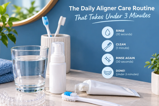 Aligner care items on a bathroom counter with a three-minute routine checklist