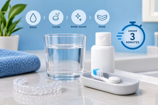 Clear aligners with cleaning supplies and a 3-minute care routine guide