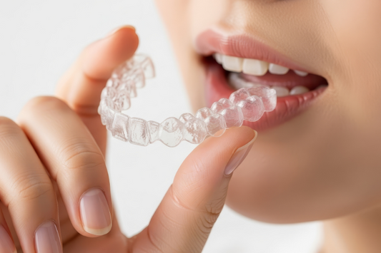 Woman inserting a clear aligner onto her teeth, close-up