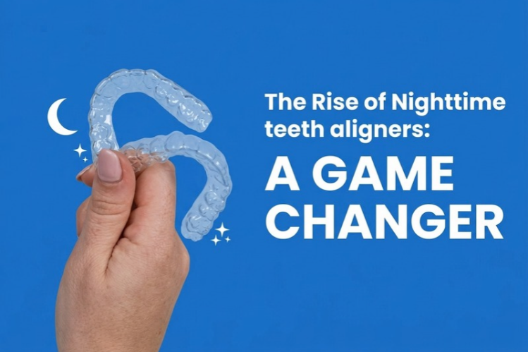 Hand holding a clear aligner beside a nighttime aligners title