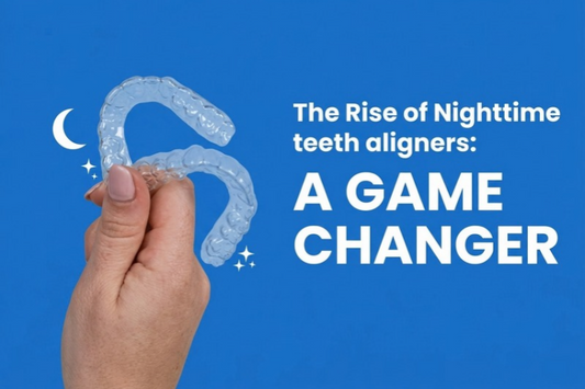 Hand holding a clear aligner beside a nighttime aligners title