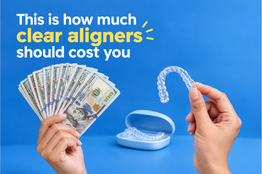 Hands holding cash and a clear aligner beside its case