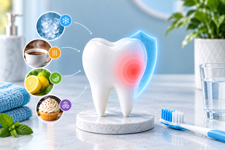 Shielded tooth model surrounded by foods and drinks that trigger tooth sensitivity
