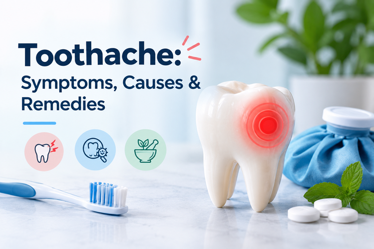 Tooth model with red pain spot beside an ice pack and toothbrush