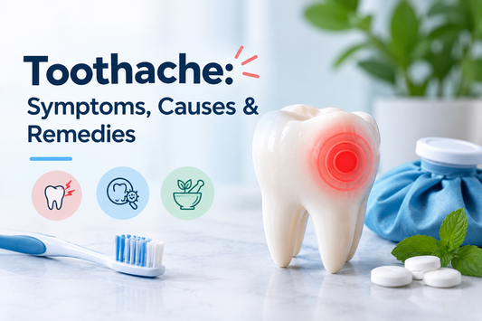 Tooth model with red pain spot beside an ice pack and toothbrush
