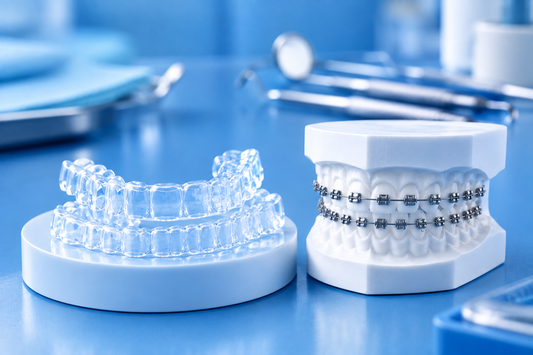 Clear aligners next to a dental model with metal braces on a table