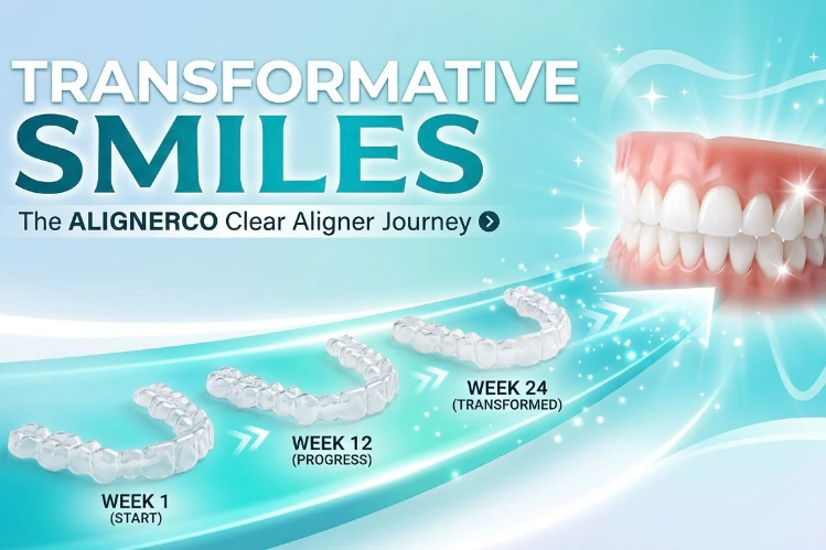 ALIGNERCO clear aligner journey stages beside a dental model