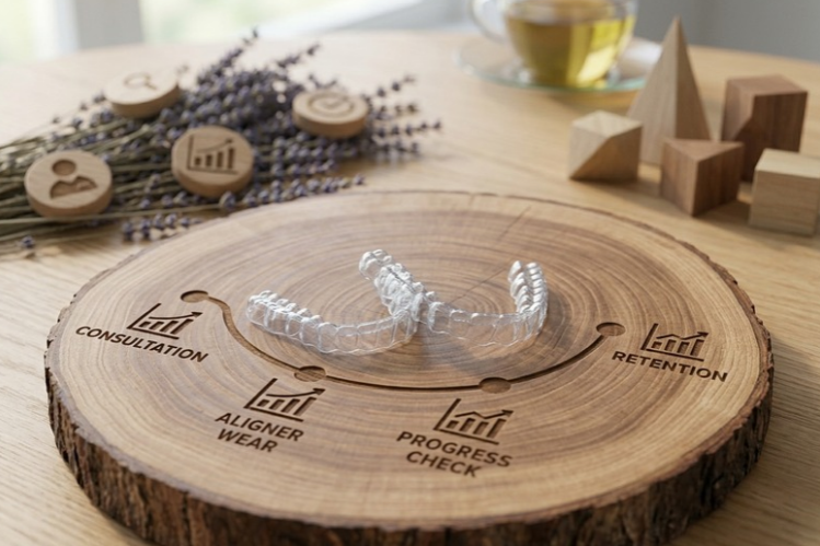 Clear aligners on a wooden board showing treatment plan stages