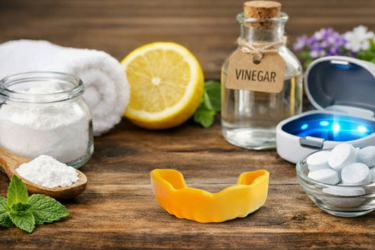 A mouthguard in the center with other natural cleaning ingredients on the side