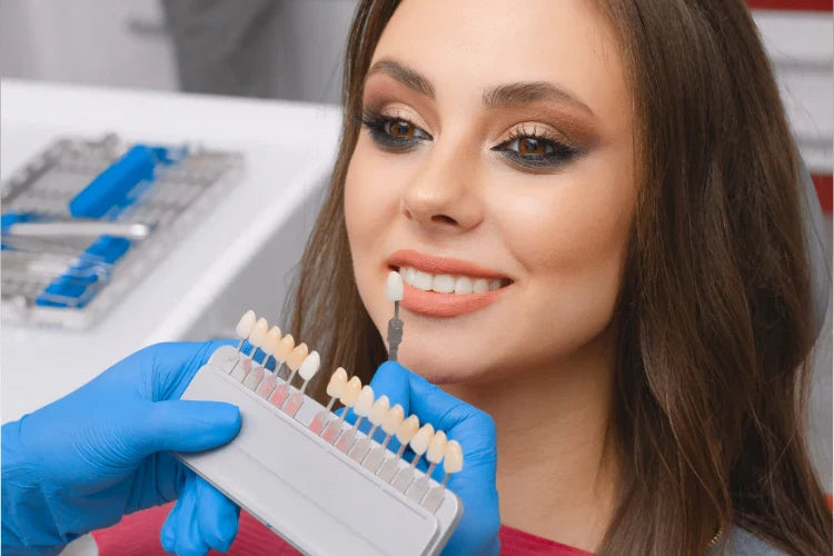 A girl getting her dental veneers for straighter teeth appearance