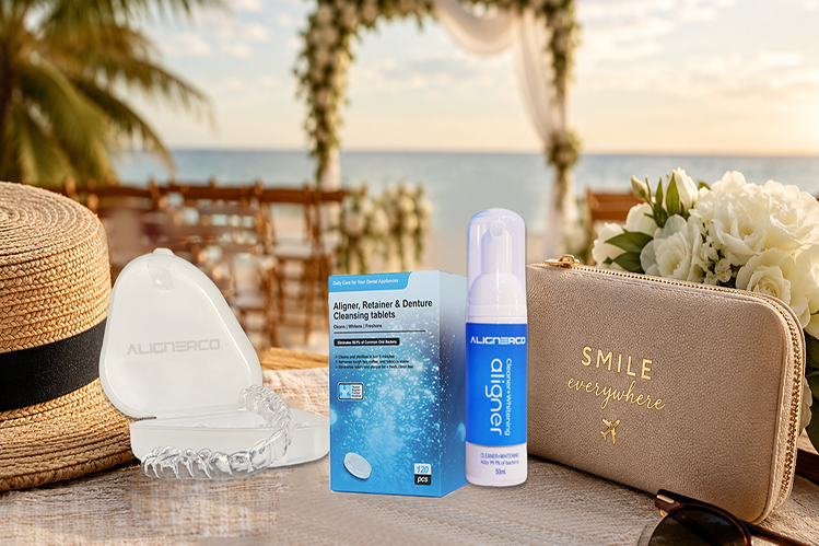 Various essentials for traveling with aligners